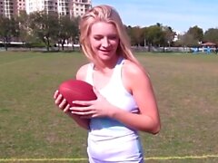 Pretty Blonde Gets Pussy Stretch After Football Workout