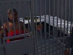 Busty ebony in cage let out to shave pussy and fuck