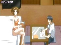 Busty young animated brunette waitress gives his boner a titty fuck