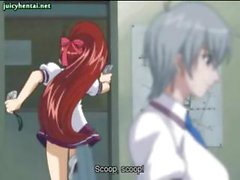 Cute anime babe with big tits gets a couple of cocks to suck on