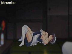 Busty anime maid gets horny and rubs her tits and pussy while being watched