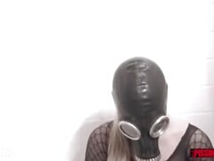 Hot blonde in a gas mask gets peed on