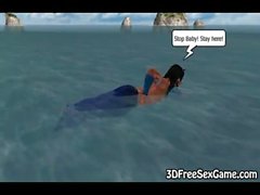 3d mermaid with nice tits swims around the ocean