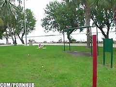 Flexible blonde yoga girl is picked up at the park for a quick fuck