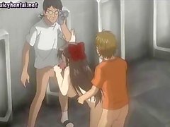 Shy anime girl sucks two cocks