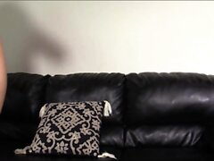 Busty curly brunette with big boobs fucks on couch